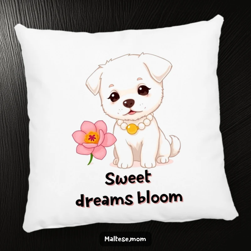Funny small white dog with a pearl necklace sniffing a flower on a pillow. Luxurious pet decor, ideal funny gift.
