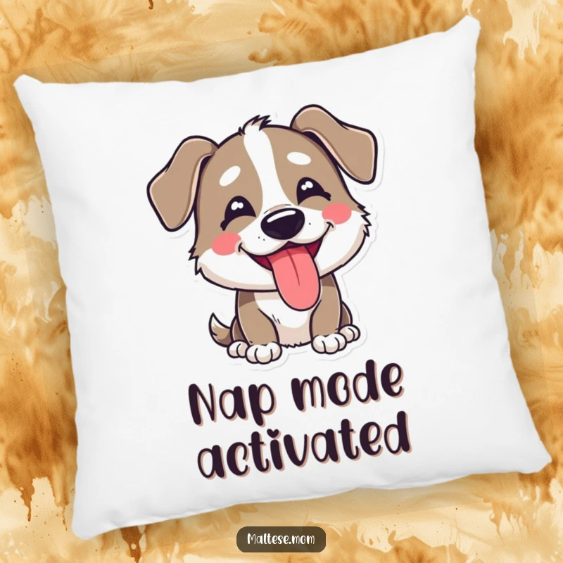 Funny, soft pillow depicting a dog character with a happy, goofy expression and its tongue playfully peeking out.