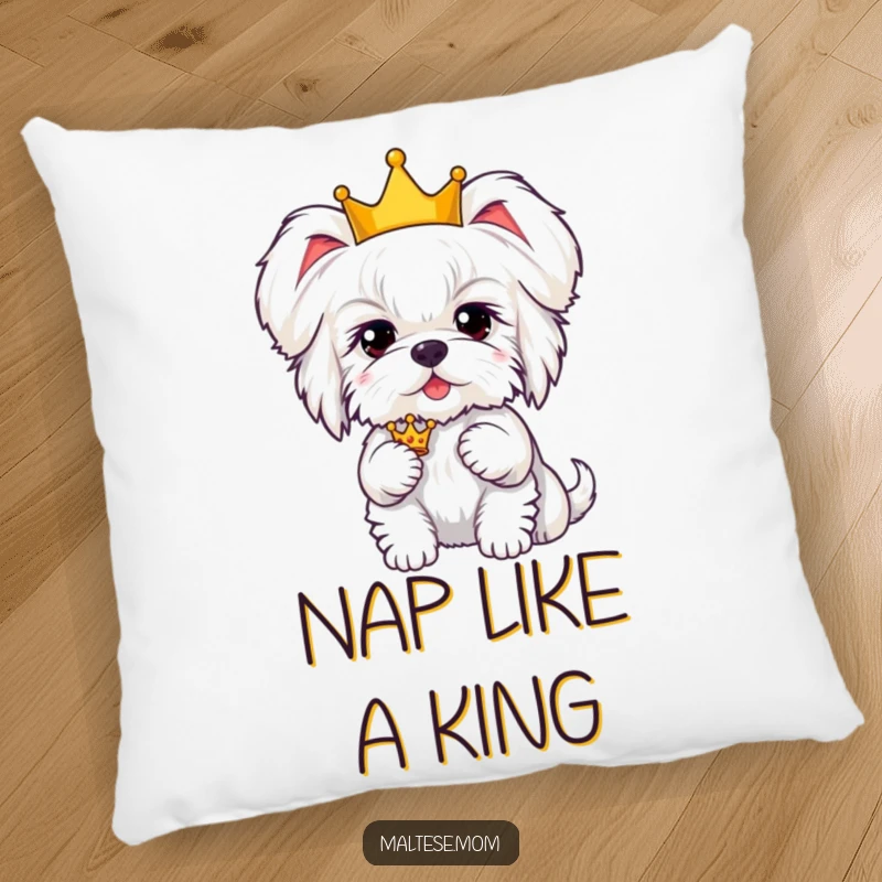 Funny Kawaii Maltese dog with fluffy ears, holding a tiny crown, a soft and humorous decorative pillow.