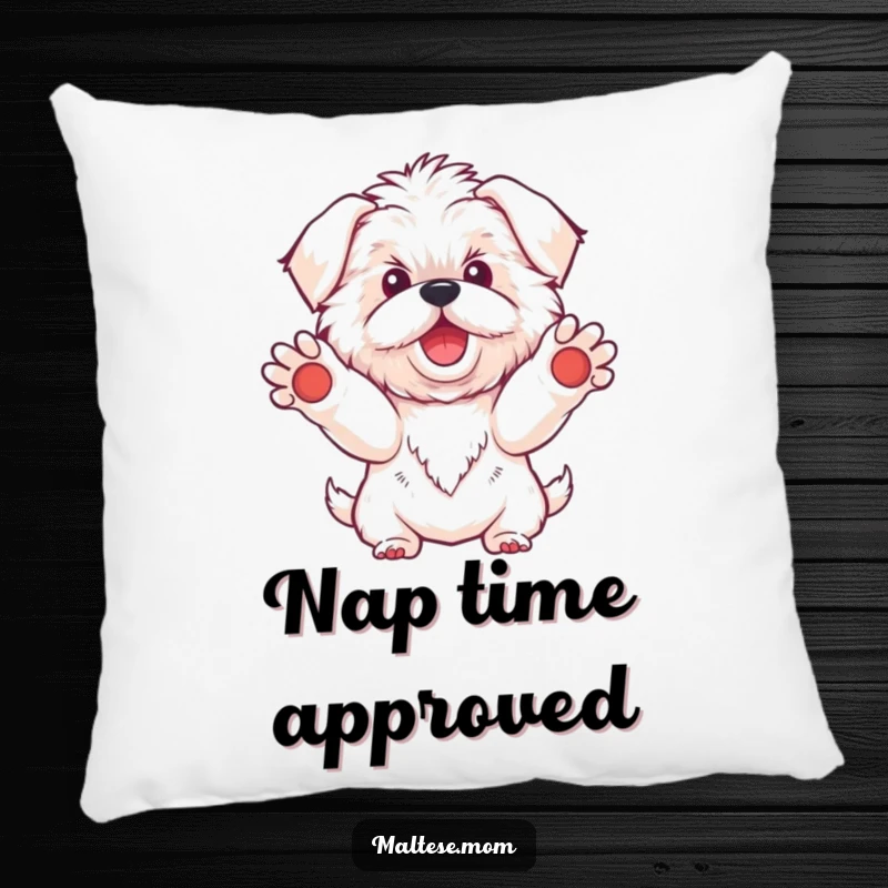 Funny Kawaii Maltese dog pillow, featuring a fluffy white dog with paws extended in a gesture of warm welcome, soft and inviting.