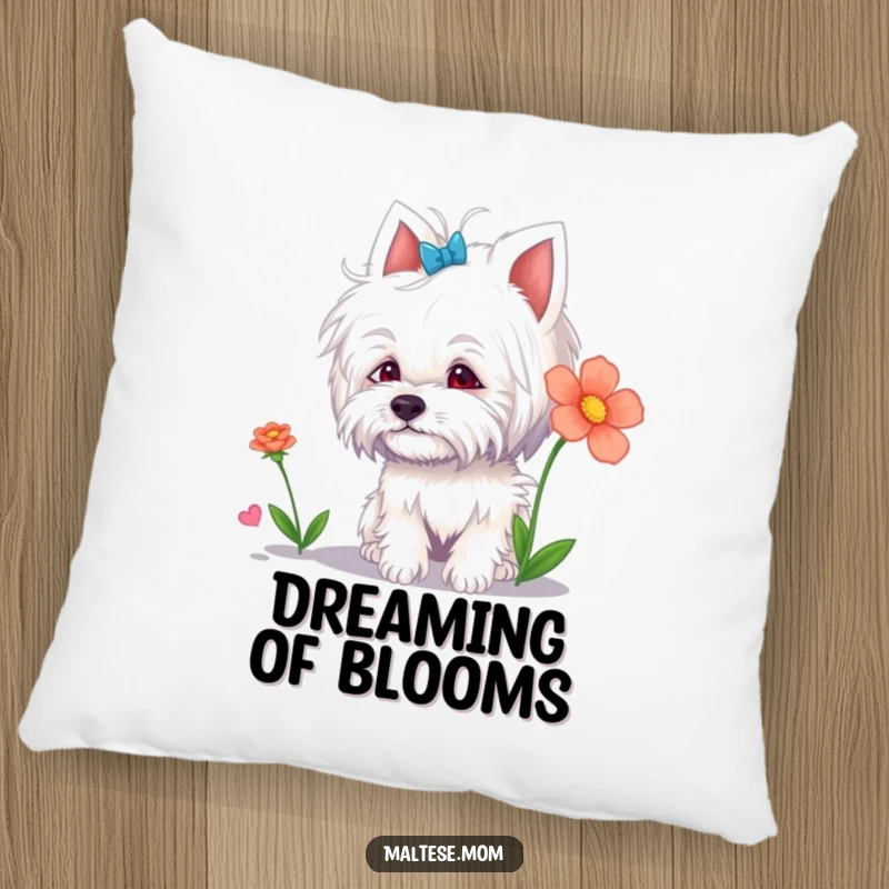 Funny Maltese Lady Pillow: A Maltese dog curiously sniffing a colorful flower, making for a warm and funny accent.