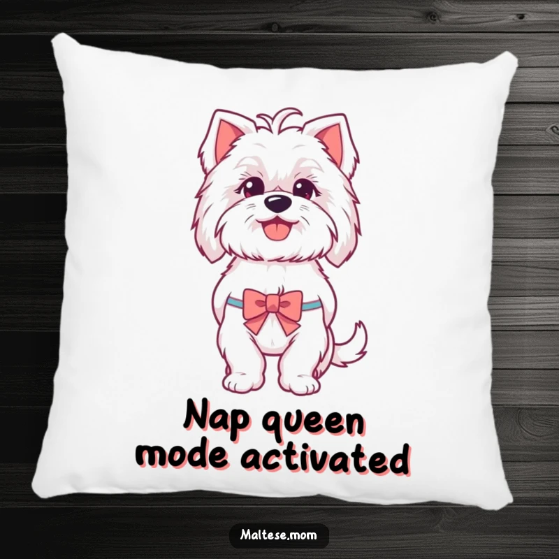 Funny Maltese pillow featuring a soft Maltese dog panting happily, with a tiny, cute bow accentuating its adorable face, perfect for comfort.
