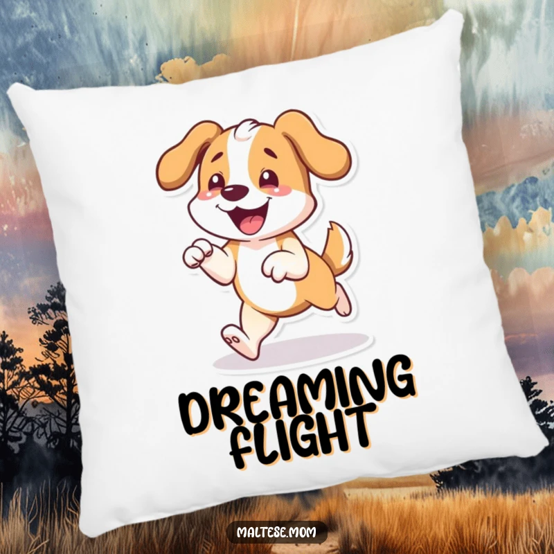 Funny, soft pillow depicting a dog character joyfully prancing with front paws slightly lifted, radiating pure happiness.