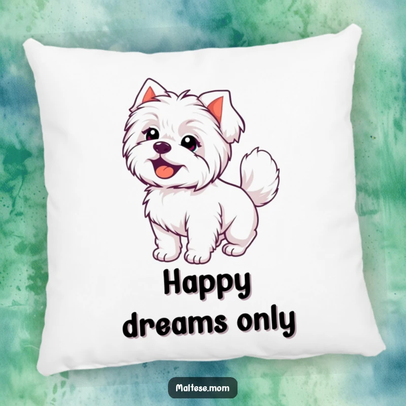 Funny Kawaii Maltese dog with a joyful expression and wagging tail, a soft and humorous decorative pillow.