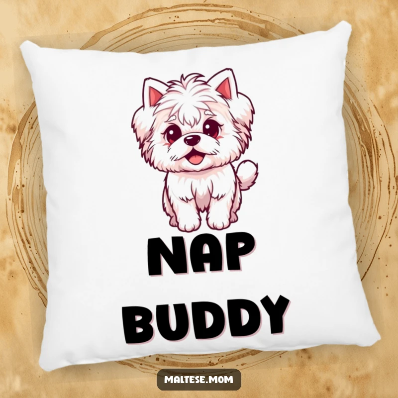 Funny Pillow featuring a small, fluffy Maltese dog character with an excited wagging tail, adding a soft, cheerful touch.