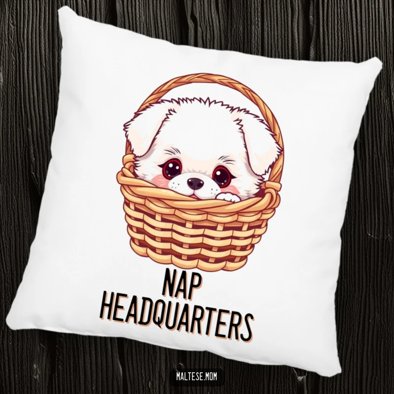Funny white fluffy dog peeking out from a miniature basket, printed on a soft and comfortable pillow, a funny gift.