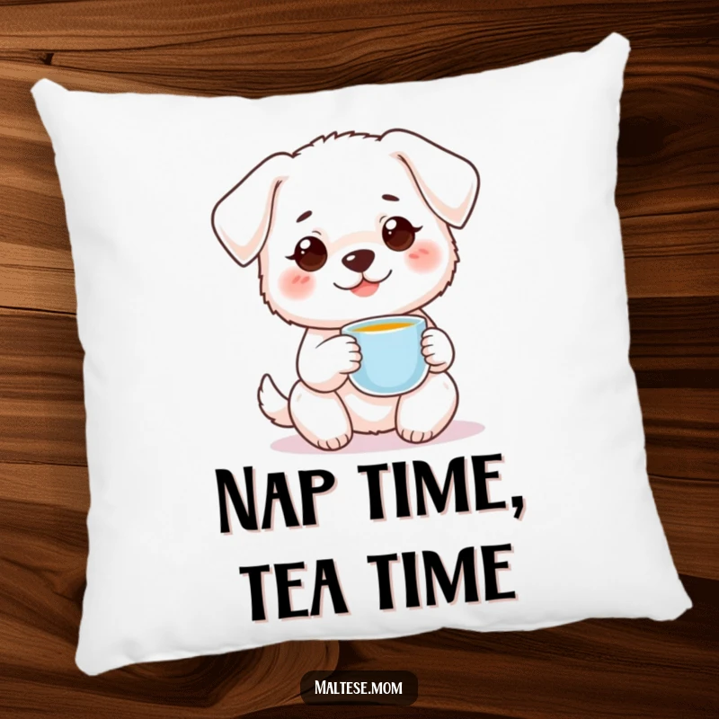 Funny small white dog with sweet smile holding tiny teacup on pillow. Cozy sweet pet decor, ideal funny gift.