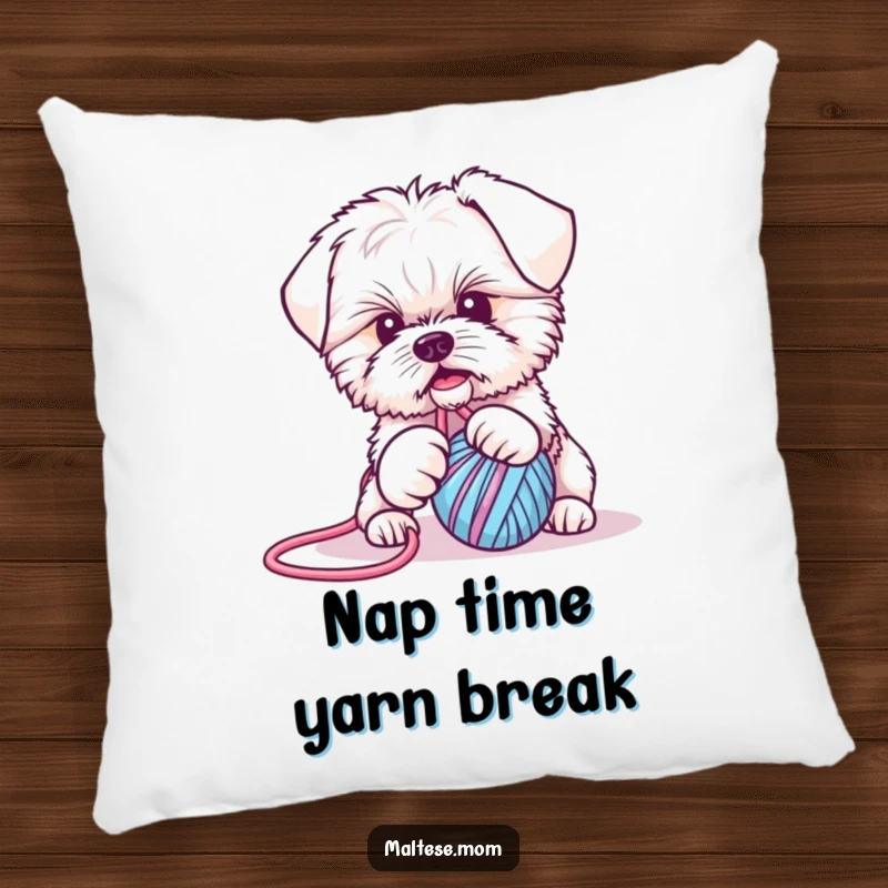 Funny Maltese puppy pillow: a soft cushion featuring a cute dog hilariously tangled in yarn, ideal for adding playful comfort.
