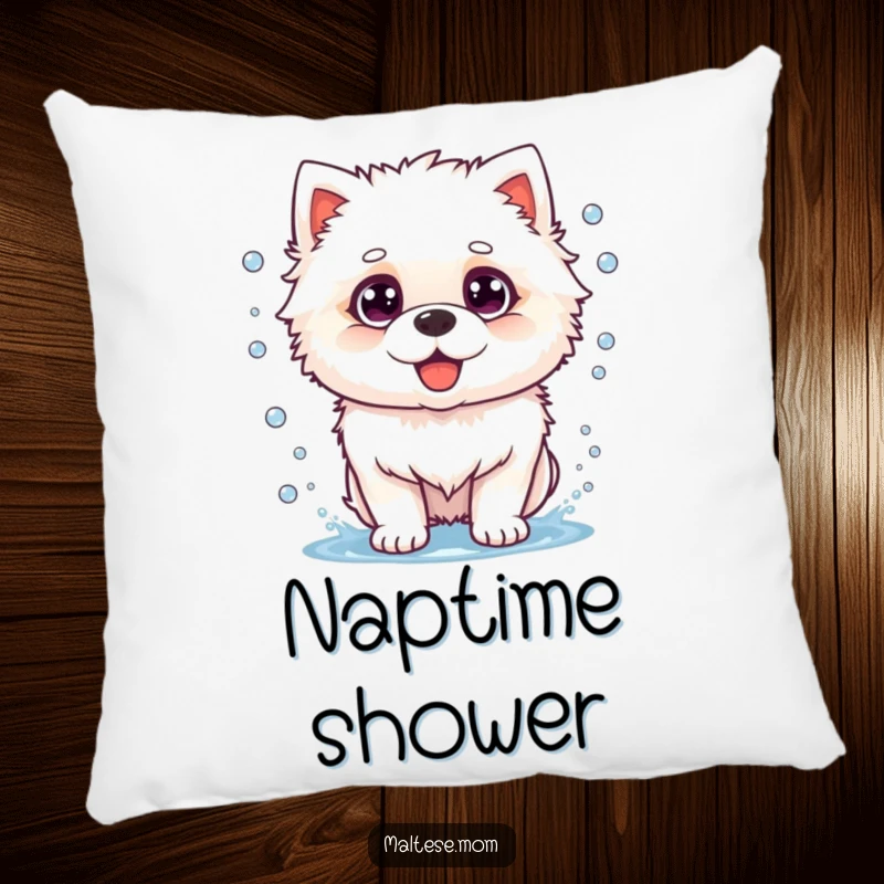 Funny dog pillow with a fluffy white dog captured mid-shake, water droplets flying, adding a humorous touch to decor.