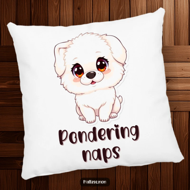 Funny pillow with a fluffy white dog character with large, innocent eyes, tilting its head, offering comfort and charm.