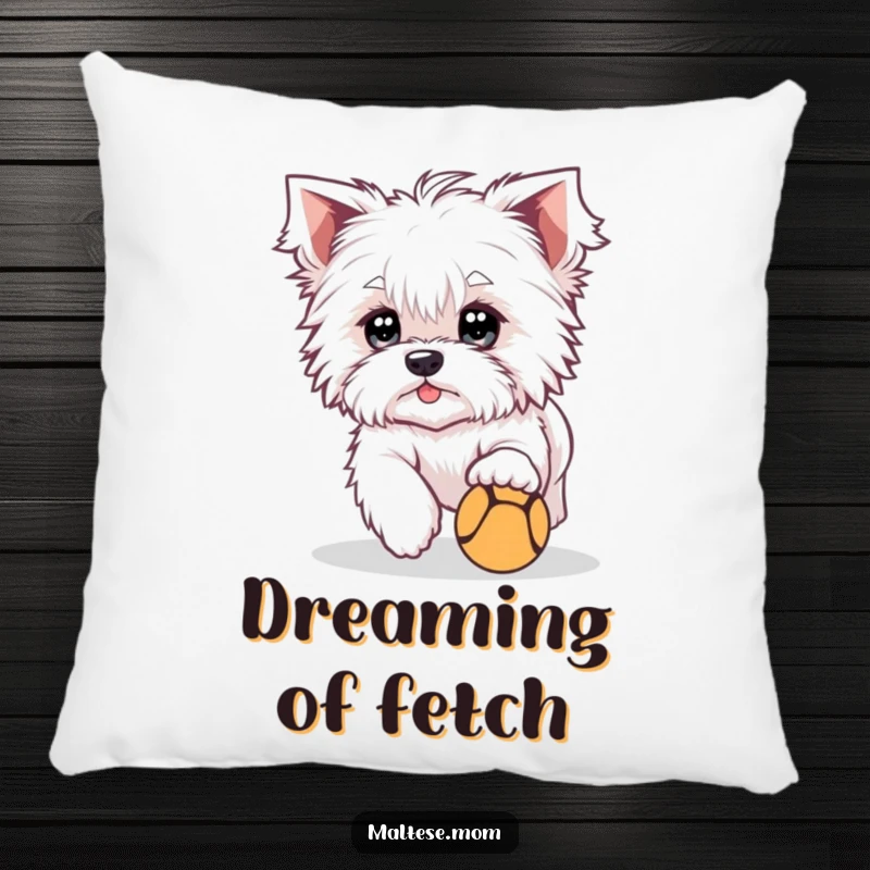 Funny Pillow featuring a cute Maltese dog character with bright eyes, playfully chasing a ball, adding a soft, playful touch.