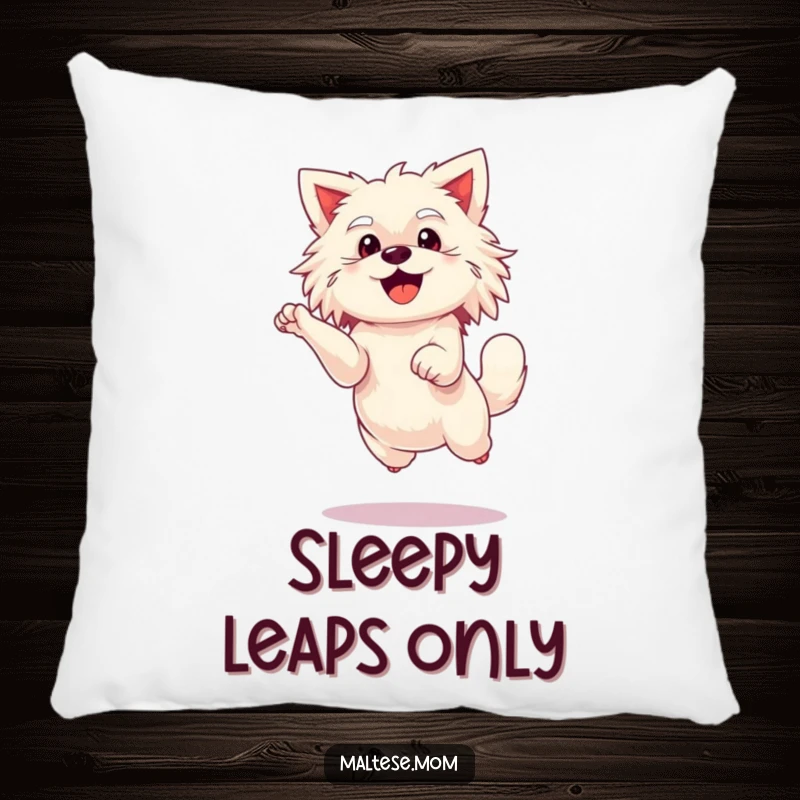 Funny Maltese lady dog pillow, doing an enthusiastic leap, soft and decorative.