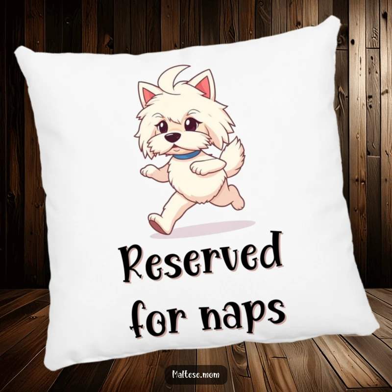 Funny Maltese lady dog pillow, prancing playfully, soft and decorative.