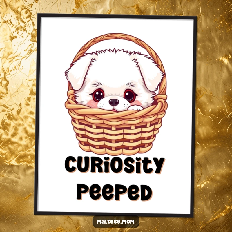 Funny white fluffy dog peeking out from a miniature basket, available as a digital art print for instant download, a funny gift.