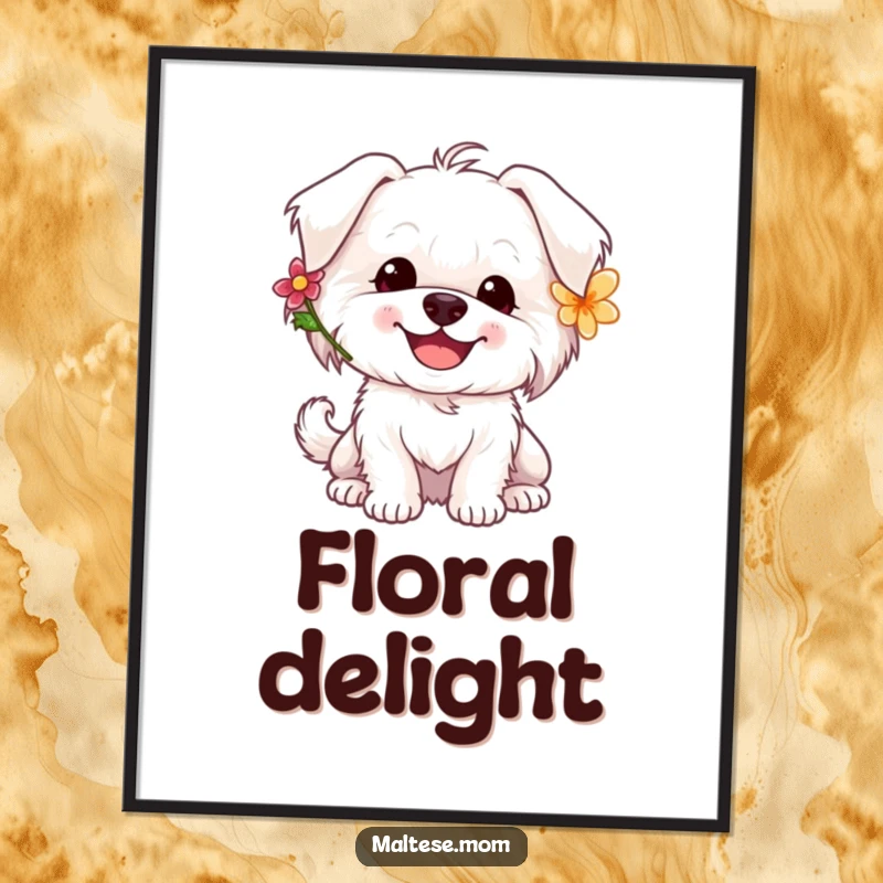 Funny Maltese dog digital art print of a happy white dog wearing a flower, its tail wagging with joy.