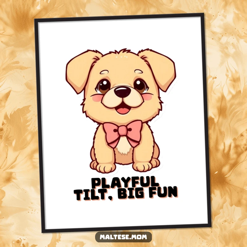 Funny Digital Art Print of a small dog with a bow tilted head, exuding curiosity and playful charm for instant decor.
