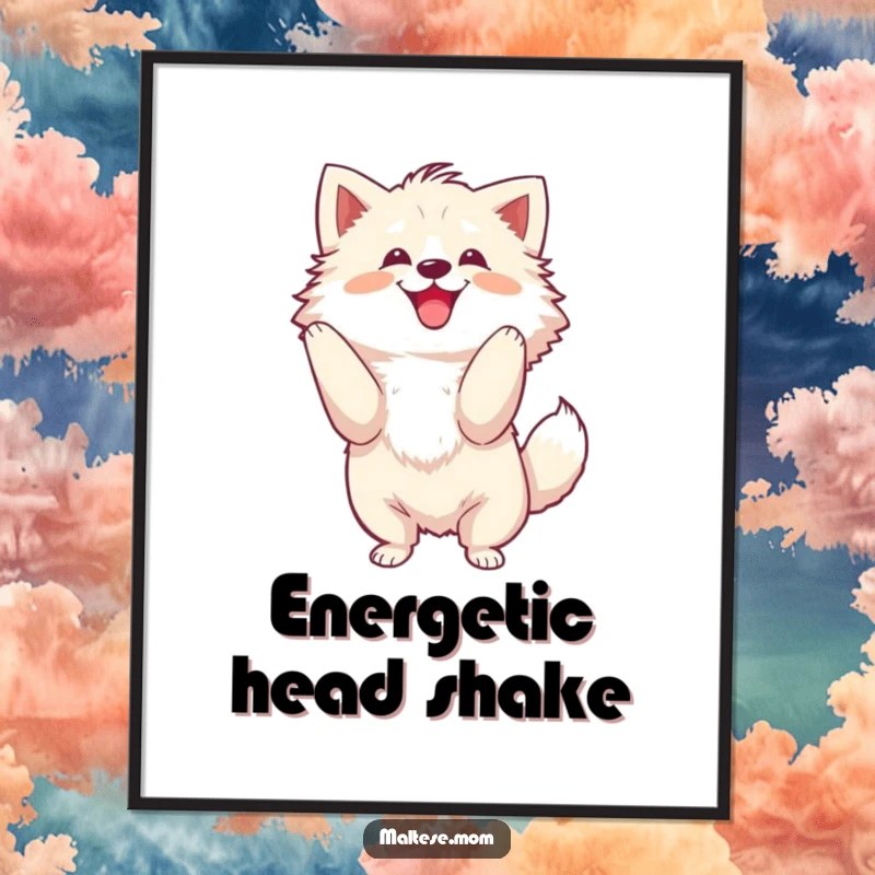 Funny Digital Art Print of a fluffy dog energetically shaking its head with a joyful motion, capturing pure exuberance for decor.