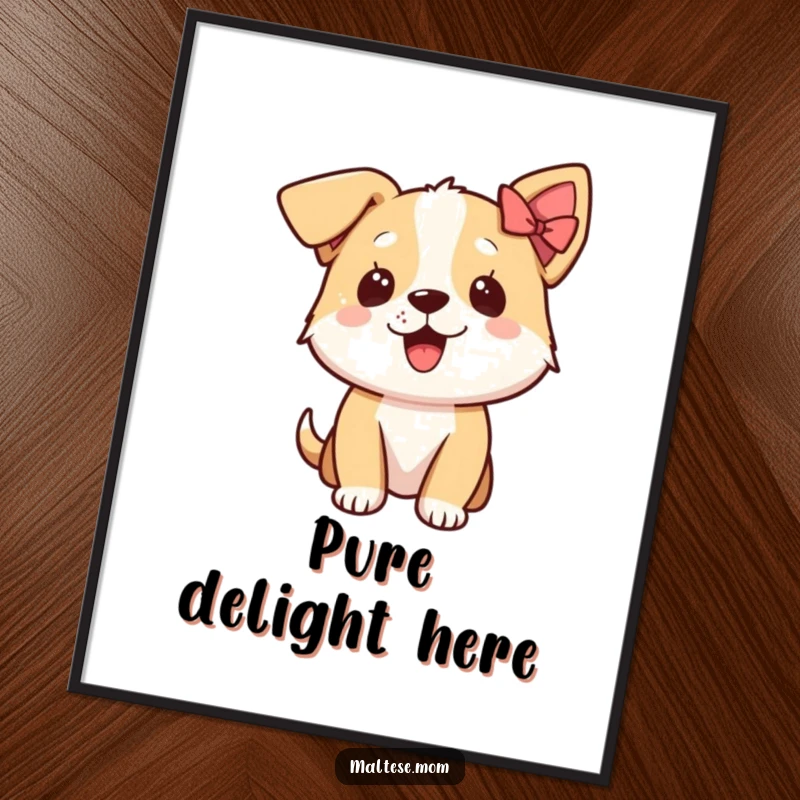 Funny digital art print of an excited dog character with a tiny bow on its ear, radiating pure, contagious happiness.
