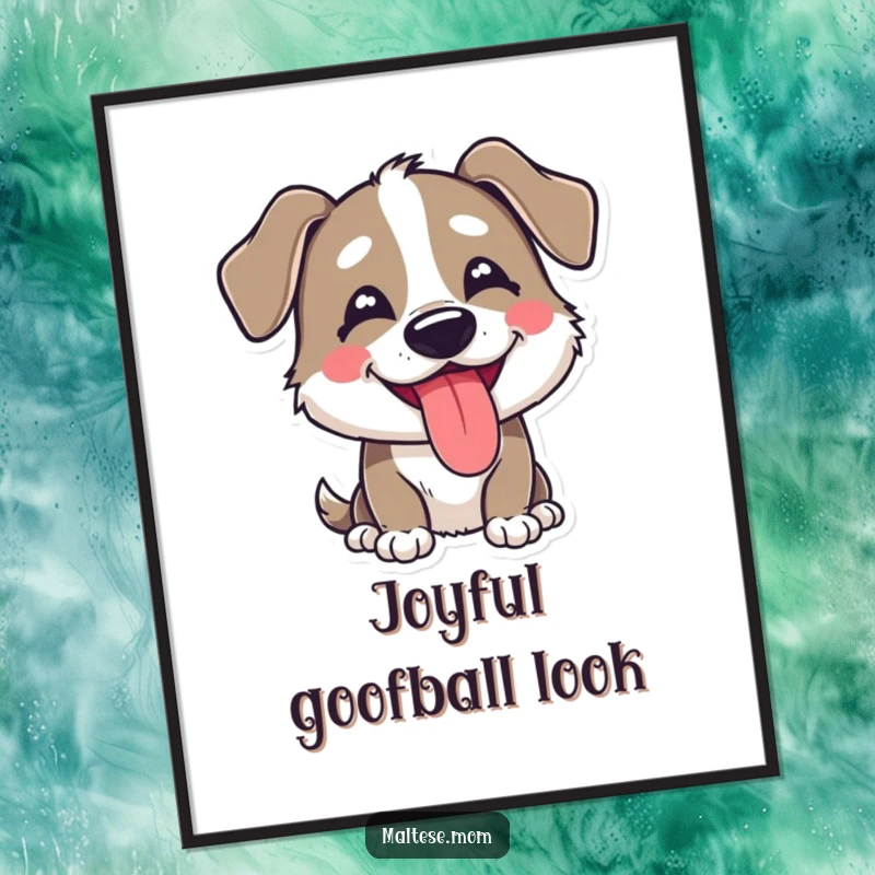 Funny digital art print of a dog character with a happy, goofy expression and its tongue playfully peeking out.
