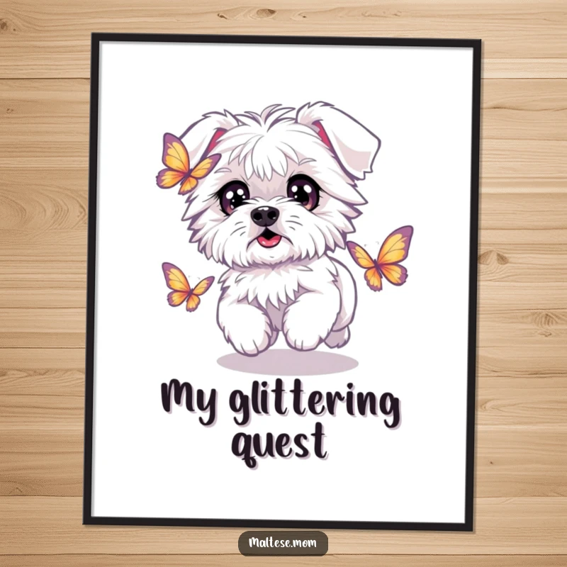 Funny Kawaii Maltese dog with sparkling eyes, chasing a butterfly, a humorous and whimsical digital art print.