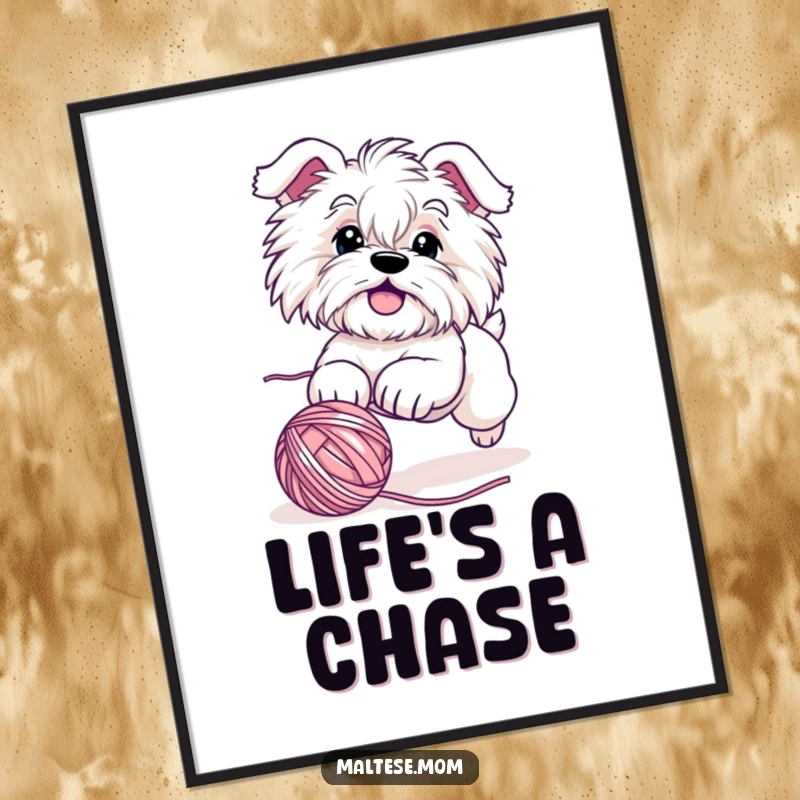 Funny Maltese dog digital art print of a cute character in mid-chase, playfully pursuing a rolling ball of yarn with infectious glee.