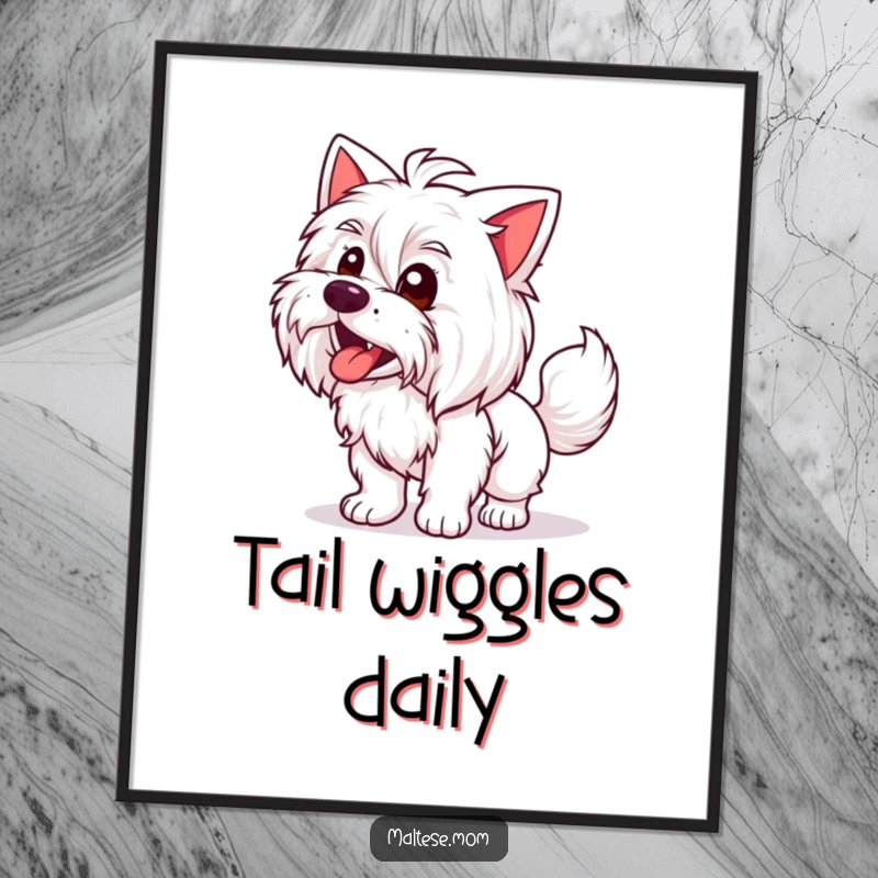 Funny Maltese Lady Digital Art Print: A happy Maltese dog character with an enthusiastically wagging tail, for cheerful and funny decor.