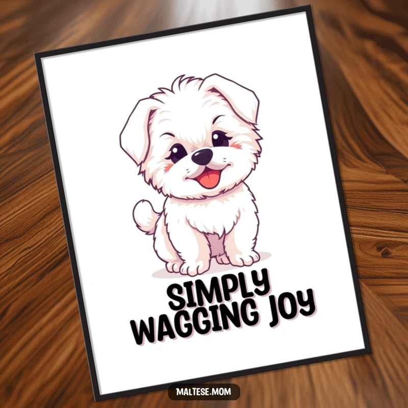 Funny digital art print of a fluffy Maltese puppy radiating pure joy, happily wagging its tiny tail with excitement.