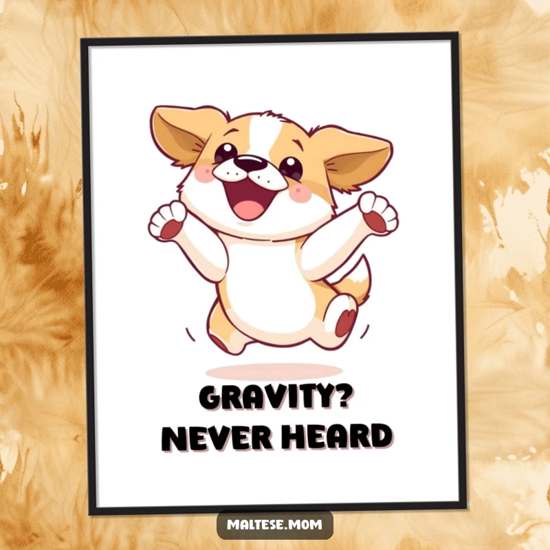 Funny Digital Art Print: A stylized dog leaps with ecstatic energy, radiating pure joy and playful spirit for vibrant wall decor.