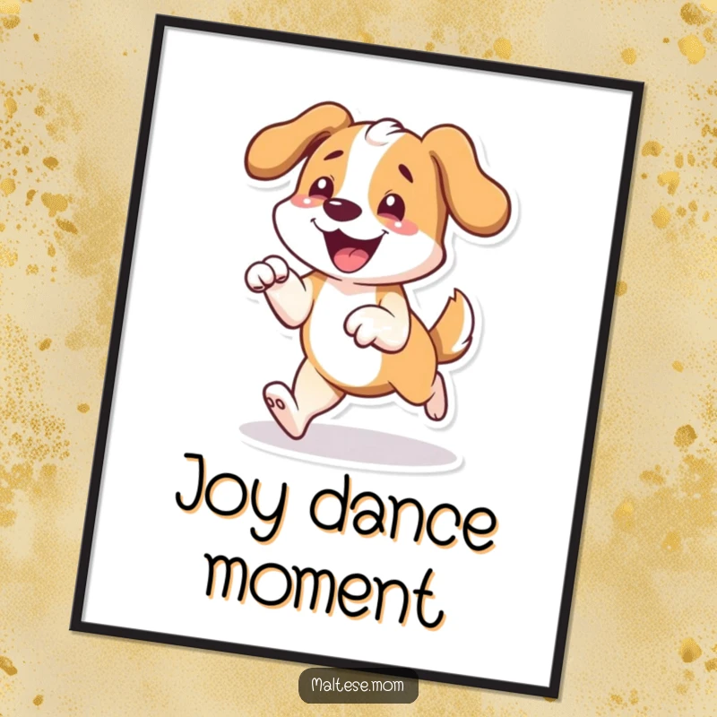 Funny digital art print of a dog character joyfully prancing with front paws slightly lifted off the ground, radiating pure bliss.