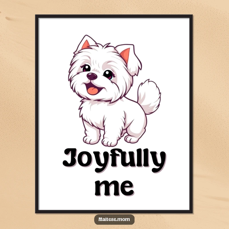 Funny Kawaii Maltese dog with a joyful expression and wagging tail, a humorous and cheerful digital art print.