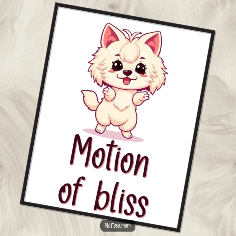 Funny Maltese Digital Art Print showing a lady dog in a small, excited spin, perfect for instant, humorous wall decoration.