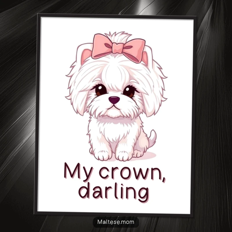 Funny Maltese lady dog digital art print with a pink bow, smiling elegantly, printable decor.