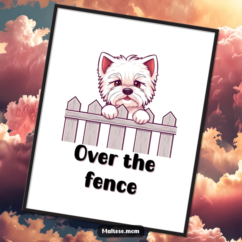 Funny Kawaii Maltese digital art print of an eager puppy peeking over a fence, full of cute anticipation and playful energy.