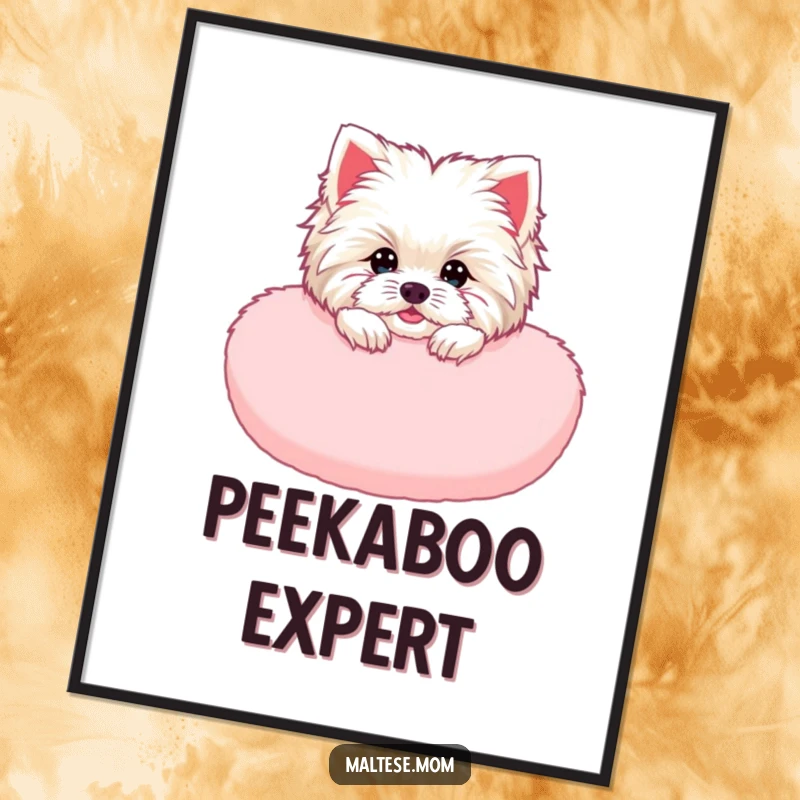 Funny Maltese Lady Digital Art Print: A Maltese dog peeking from a fluffy pink cushion, for cute and funny decor.