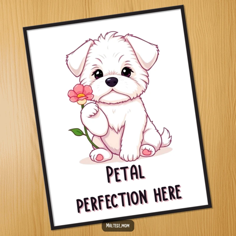 Funny Maltese puppy sitting with paws raised, offering a flower, printable digital art for sweet and humorous decor.