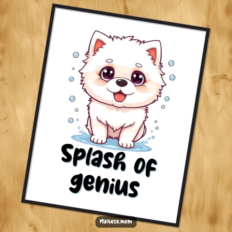 Funny dog digital art print of a fluffy white dog mid-shake, water droplets flying, a humorous and lively artwork.