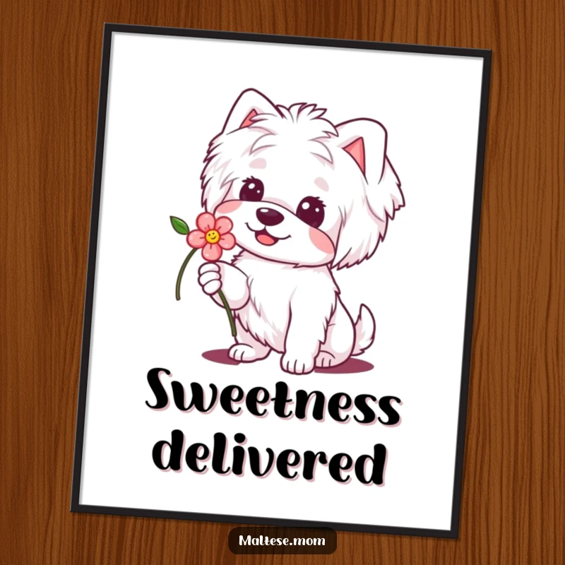 Funny Maltese Dog Digital Art Print: High-resolution artwork of a dog offering a flower with a sweet smile, providing heartwarming humor.