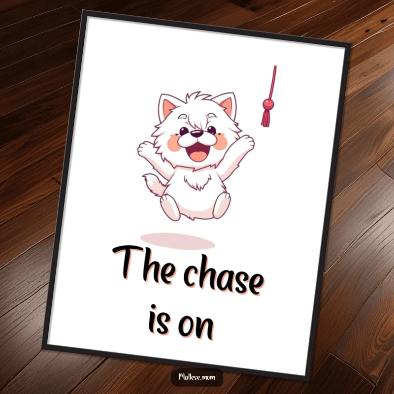 Funny Maltese digital art print of an excited Maltese dog in mid-air, joyfully leaping towards a dangling string, full of playful energy.