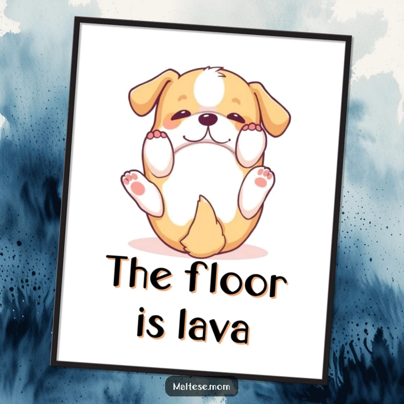 Funny Digital Art Print: A small dog rolls on its back with paws raised, radiating pure happiness and playful spirit.