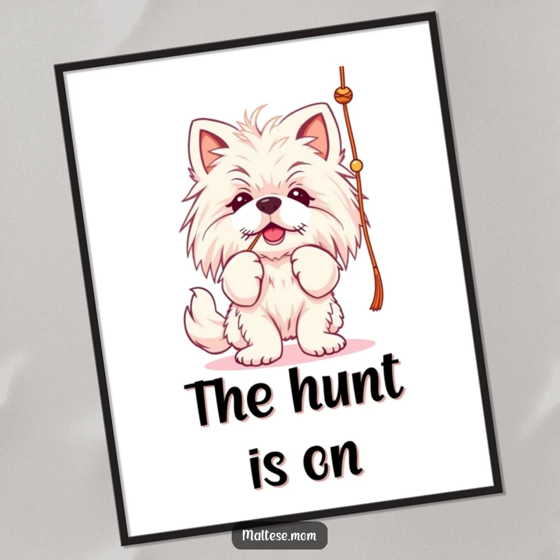 Funny Maltese lady dog digital art print, batting at a string, playful and cute decor.