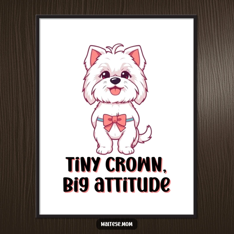 Funny Maltese digital art print of a cheerful Maltese dog panting with happiness, a tiny bow accentuating its cute, playful demeanor.