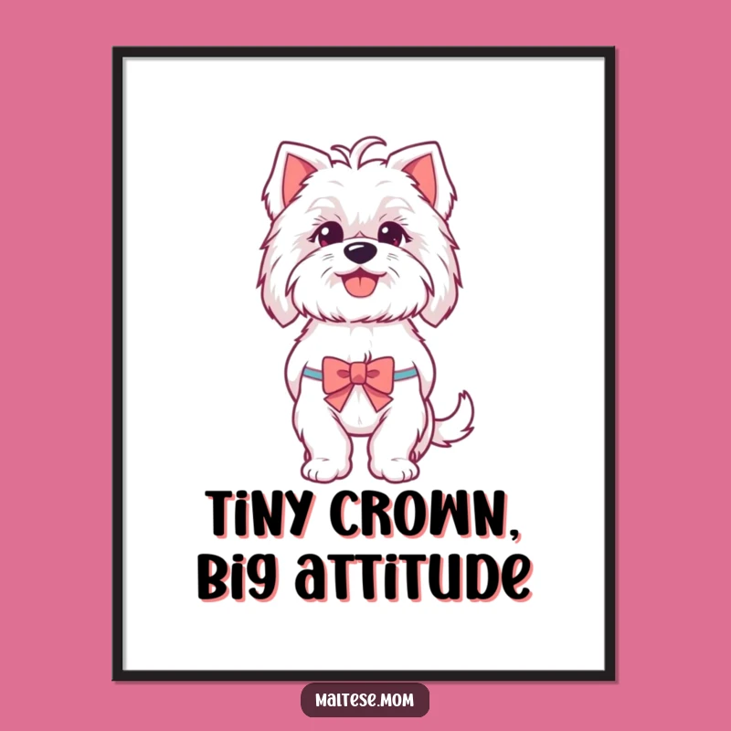 Funny Maltese Digital Art: Happy Panting Pup with Tiny Bow Wall Decor, Instant Funny Gift