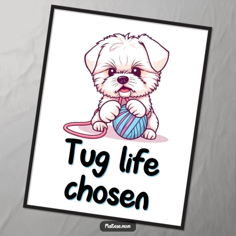Funny Maltese puppy digital art print: a playful dog gets hilariously caught in a ball of yarn, perfect for instant, humorous wall decor.