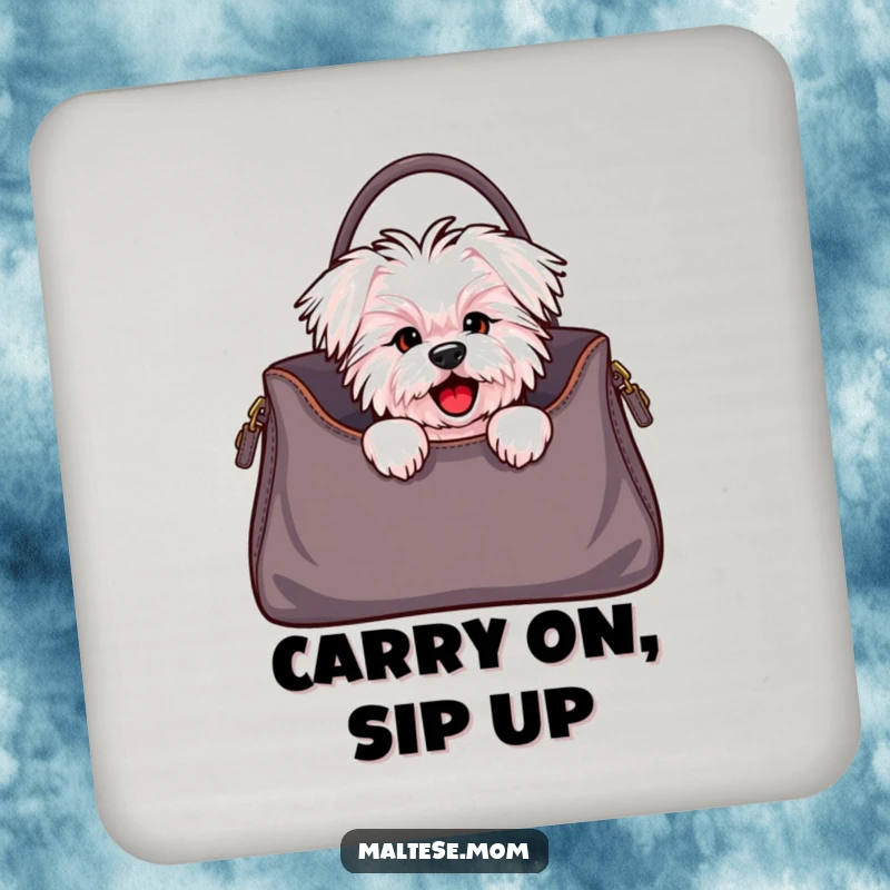 Funny Maltese dog coaster with a cute character peeking from a stylish handbag, offering surface protection with a fashionable, humorous twist.