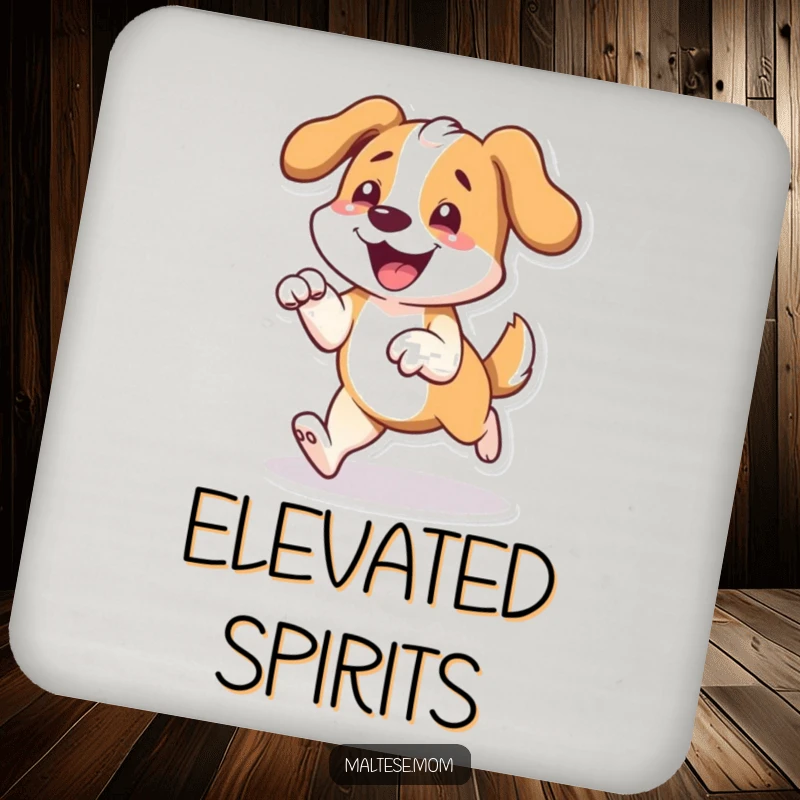 Funny coaster set featuring a dog character joyfully prancing with front paws slightly lifted, protecting surfaces with delight.
