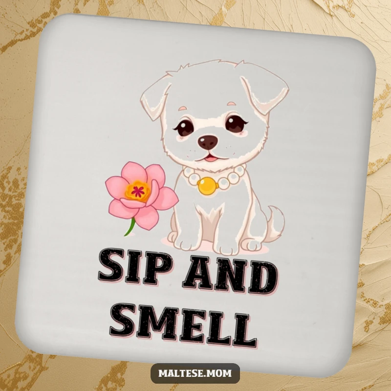 Funny small white dog with a pearl necklace sniffing a flower on a drink coaster. Chic table accessory, ideal funny gift.