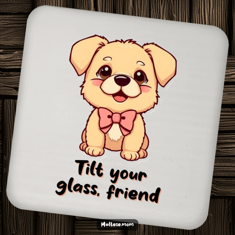 Funny Drink Coaster showcasing a small dog with a bow tilted head, radiating curiosity and playful charm.