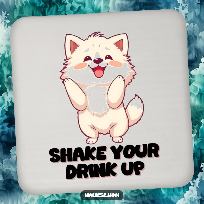Funny Drink Coaster showcasing a fluffy dog energetically shaking its head with a joyful motion, adding playful protection.