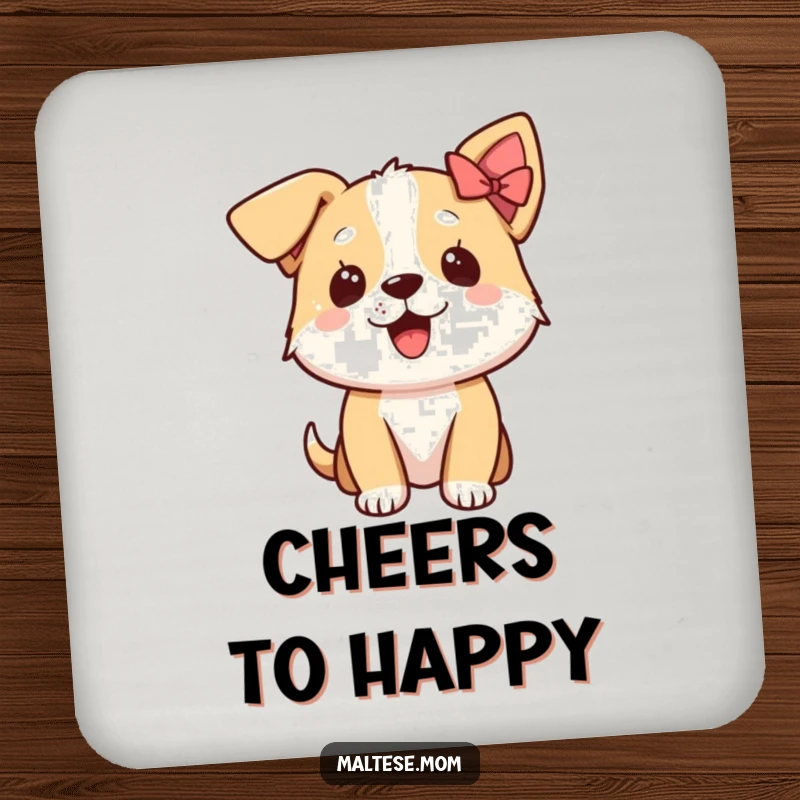 Funny coaster set featuring an excited dog character with a small bow on its ear, protecting surfaces with happy vibes.