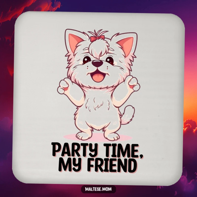 Funny Maltese Dog Coasters: A happy Maltese dog dances with paws in the air, adding fun and protecting surfaces.